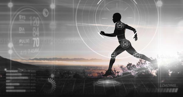 Scherenschnitt eines Joggers mit übergelegten technischen Einblendungen